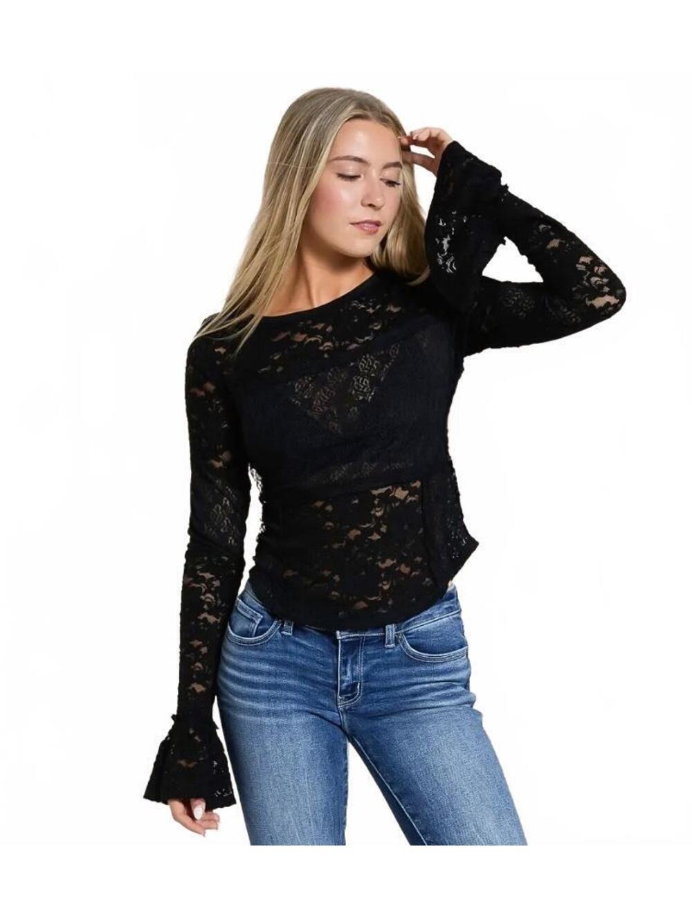 Free People Lace Layering Top Women's Black Lace with Peplum Flare Cuffs